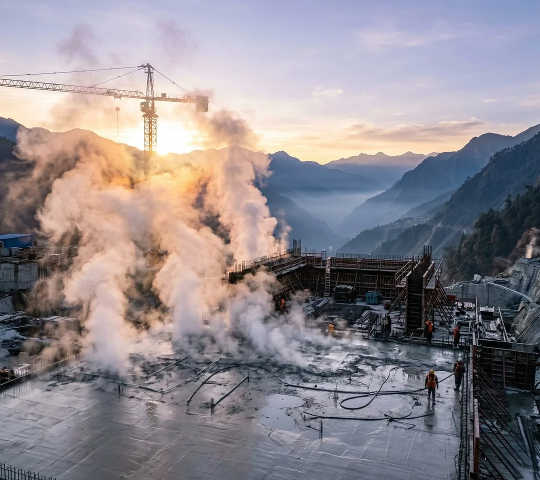 Steam rising from a freshly poured mass concrete block at dawn on a hydroelectric dam construction site in a Himalayan valley
