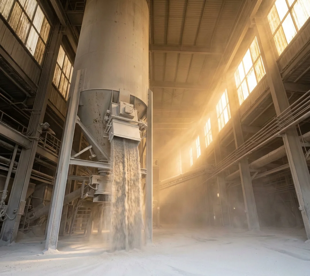 Cement dust cathedral: massive silo discharging Portland cement inside an industrial batching plant with golden light shafts streaming through haze