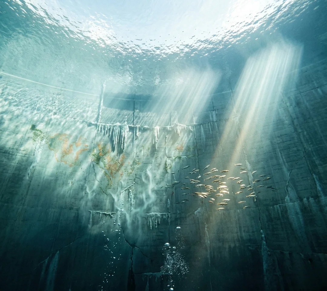 Underwater view of a submerged dam wall showing calcium stalactite formations, seepage plumes, and god-ray light beams piercing turquoise water