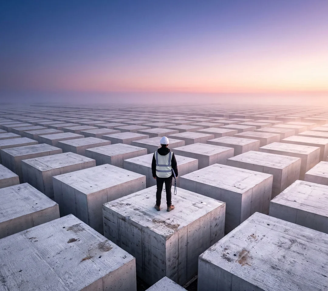 Lone quality control engineer standing atop an infinite grid of concrete placement blocks stretching to the horizon at dawn