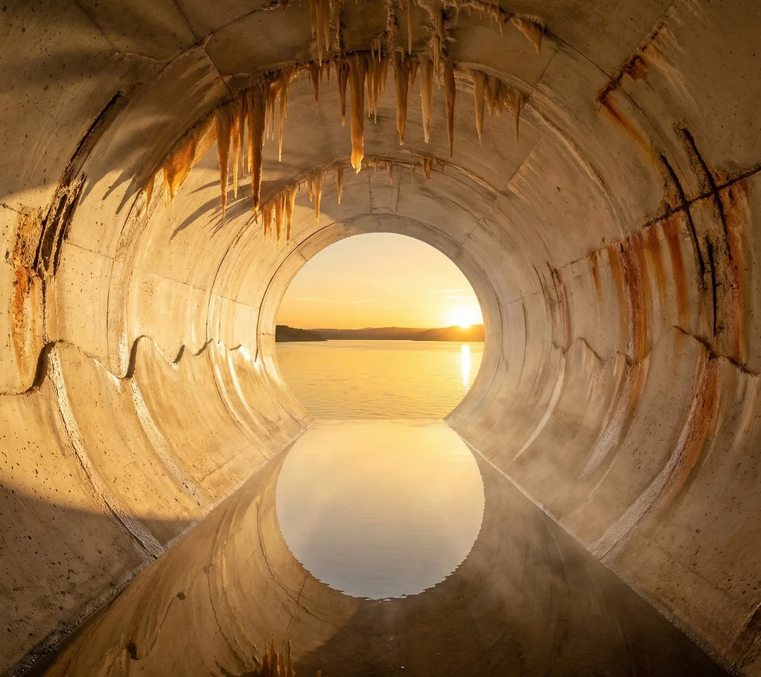 Golden sunset viewed through a circular spillway tunnel inside an aging dam, with calcium carbonate stalactites and rust stains on deteriorating concrete walls, reflected in standing water