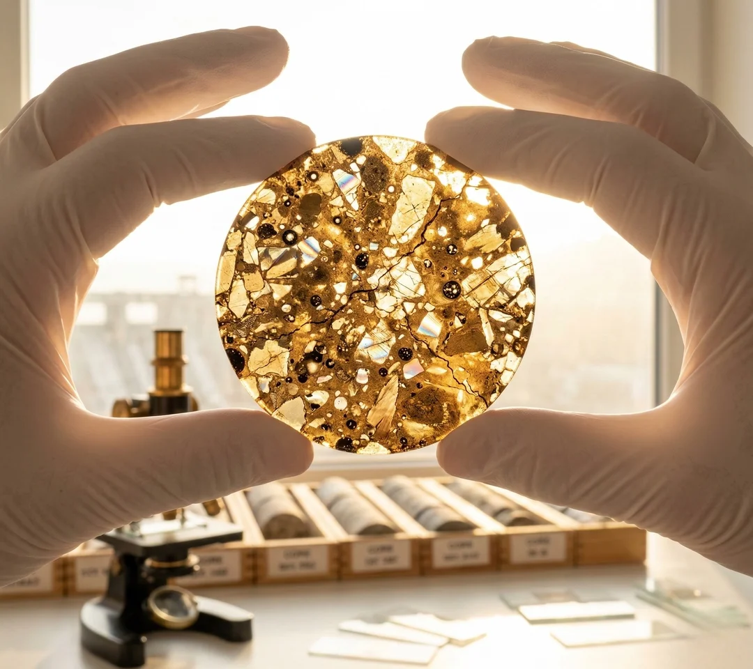 Gloved hands holding a backlit concrete petrographic thin section against laboratory window light, revealing aggregate crystals and air voids like stained glass