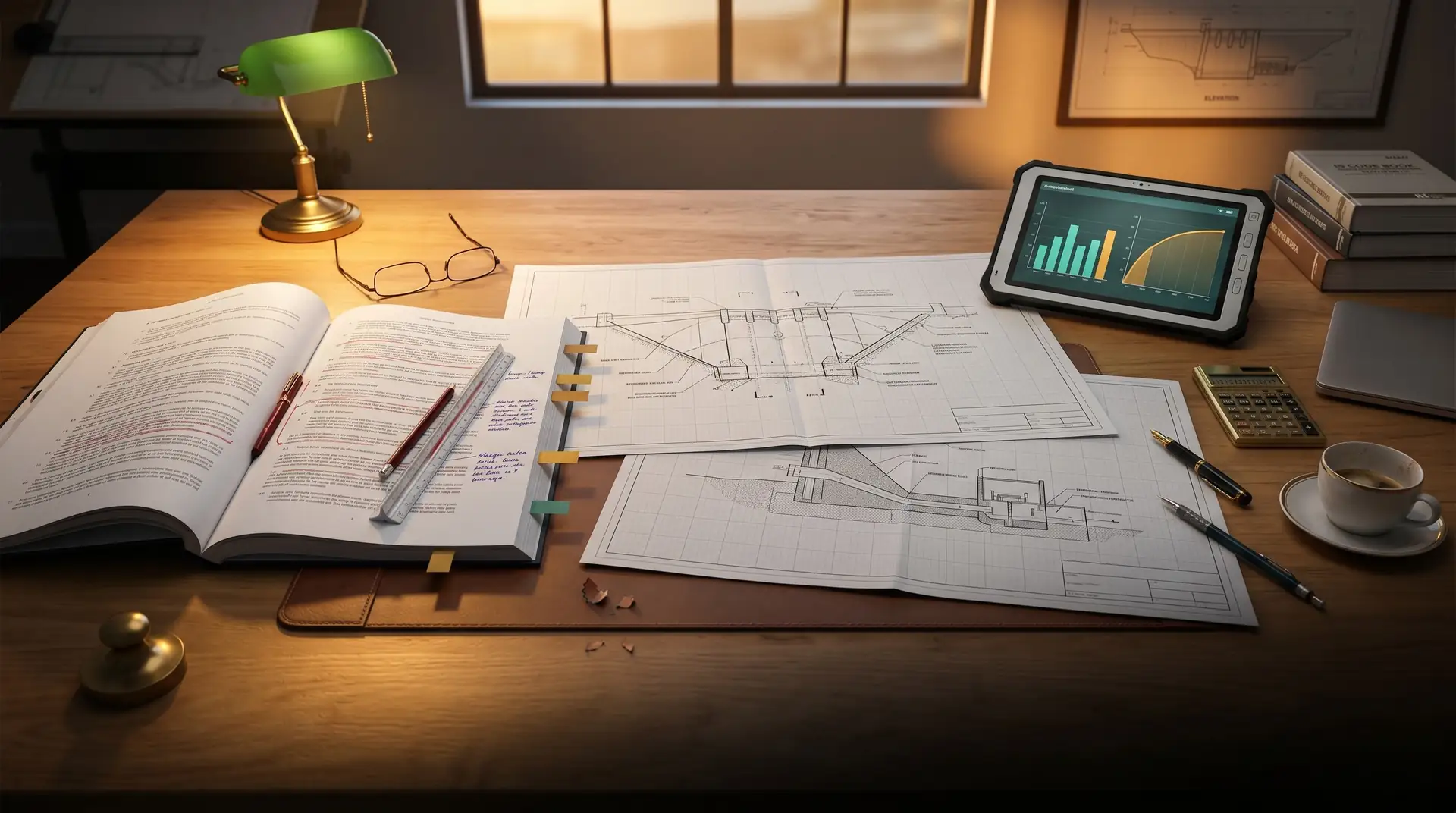 Senior engineer's desk at golden hour with an open hydropower tender concrete specification marked up in red pen, gridded dam-section drawings, a ruggedized field tablet showing analytics, brass calculator, fountain pen, and bound IS code books.