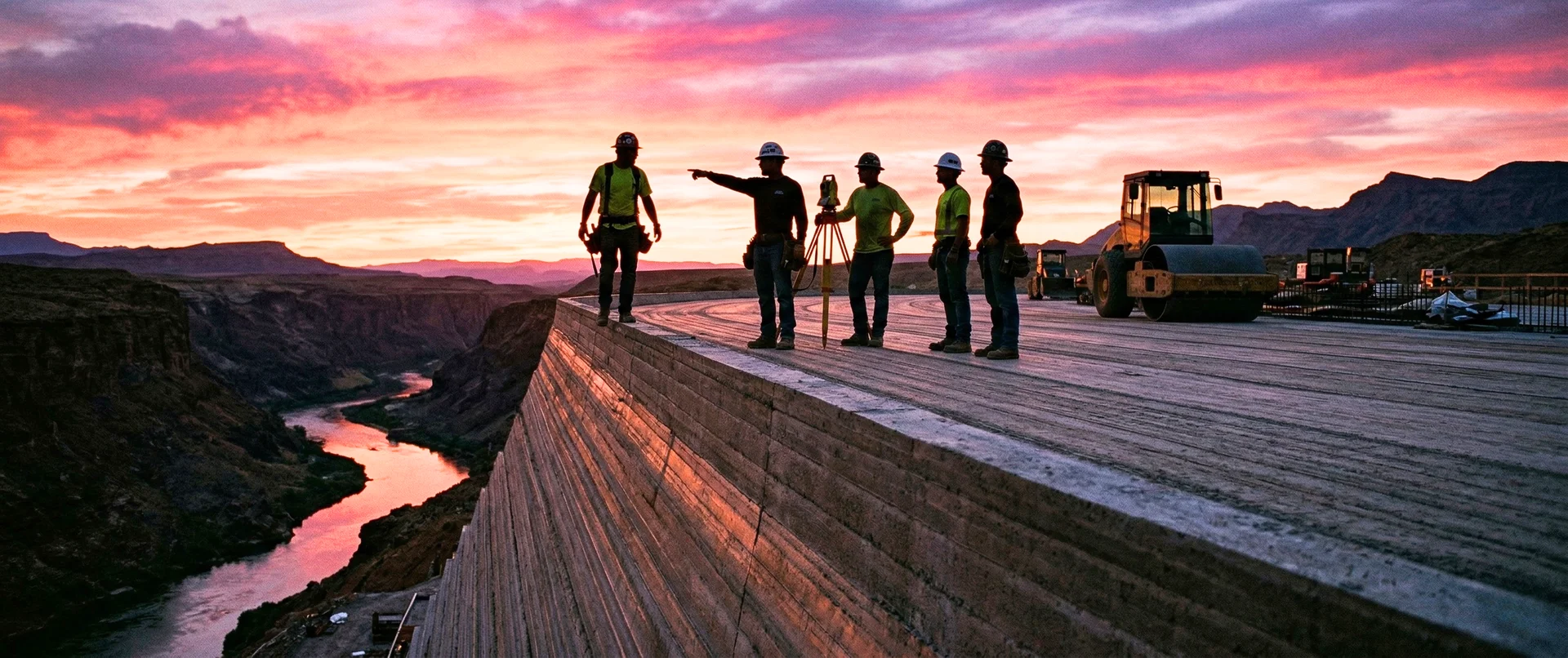 Construction crew on a low-carbon RCC dam using high-volume fly ash to reduce cement and CO2 emissions