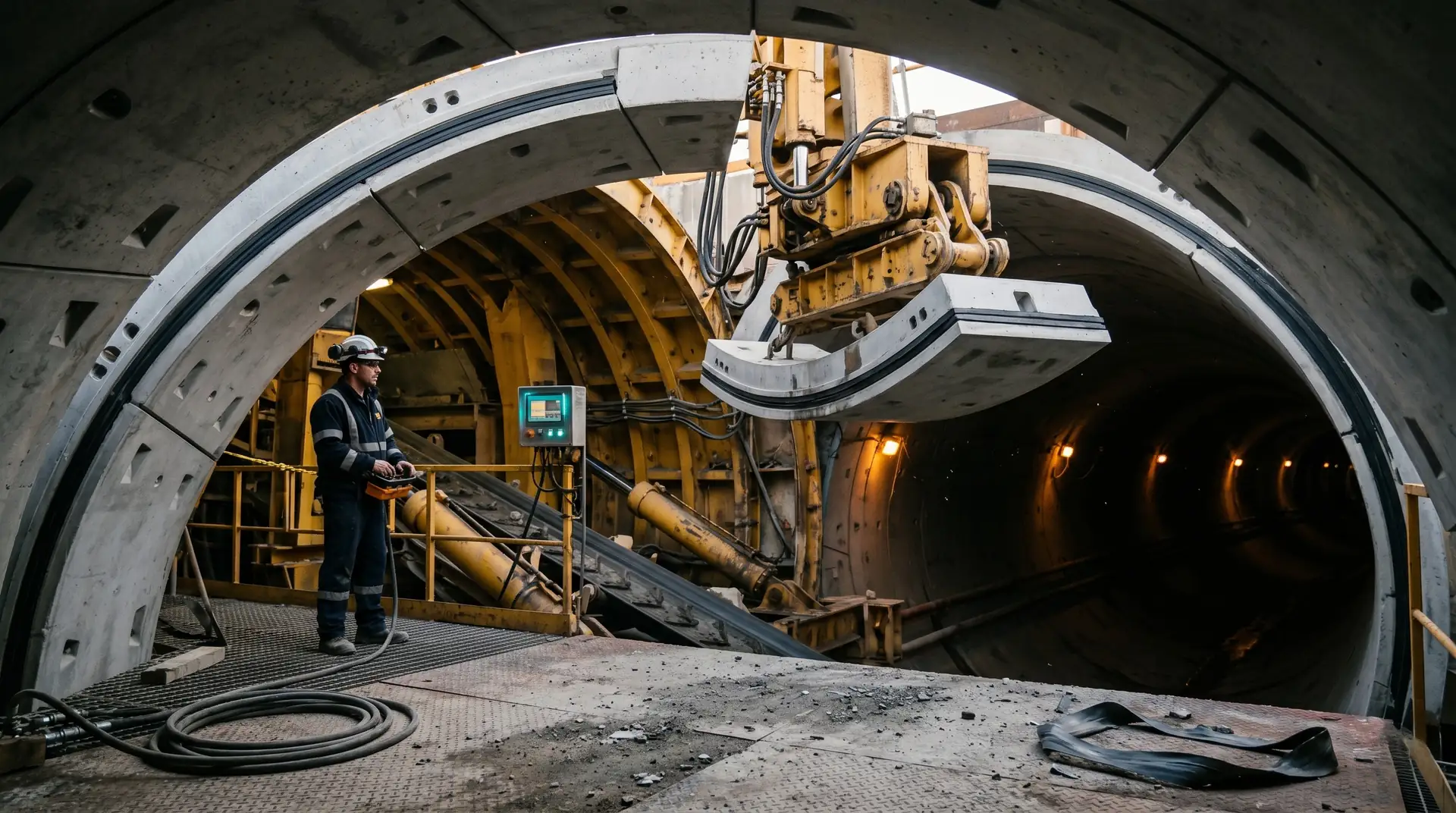 Inside a tunnel boring machine on a hydropower project: hydraulic erector arm placing a curved precast concrete segment into a segmental ring with EPDM gasket joints, technician in dark navy hi-viz operating via a wired control pendant.