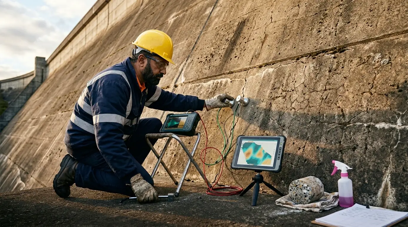 Senior dam engineer doing NDT field assessment on the weathered face of an aged concrete dam, holding ultrasonic transducers against ASR-mapped concrete, with a tablet showing a deterioration heat map and a phenolphthalein indicator nearby.