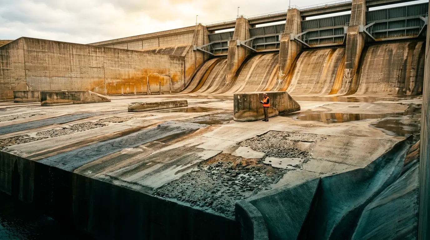 Dewatered dam stilling basin inspection: engineer in orange vest stands beside eroded baffle block on scoured concrete floor, spillway chute with radial gates and amber weathering stains above, showing abrasion damage patterns from hydraulic forces