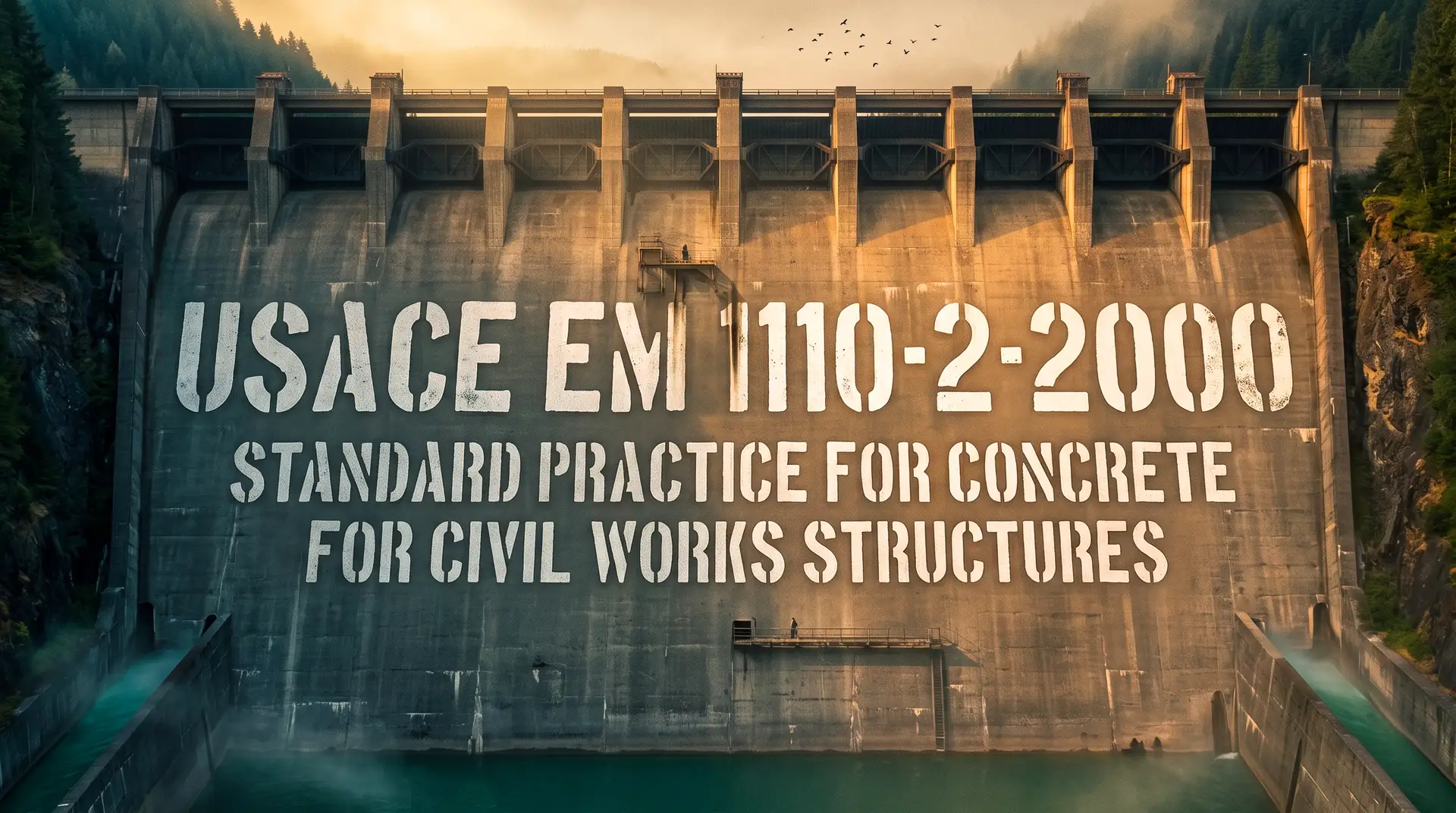Weathered concrete dam spillway face at golden hour with 'USACE EM 1110-2-2000, Standard Practice for Concrete for Civil Works Structures' stenciled in large white lettering across the concrete, spillway gate piers along the crest and teal-green tailwater below, representing the USACE engineering manual for civil works concrete.